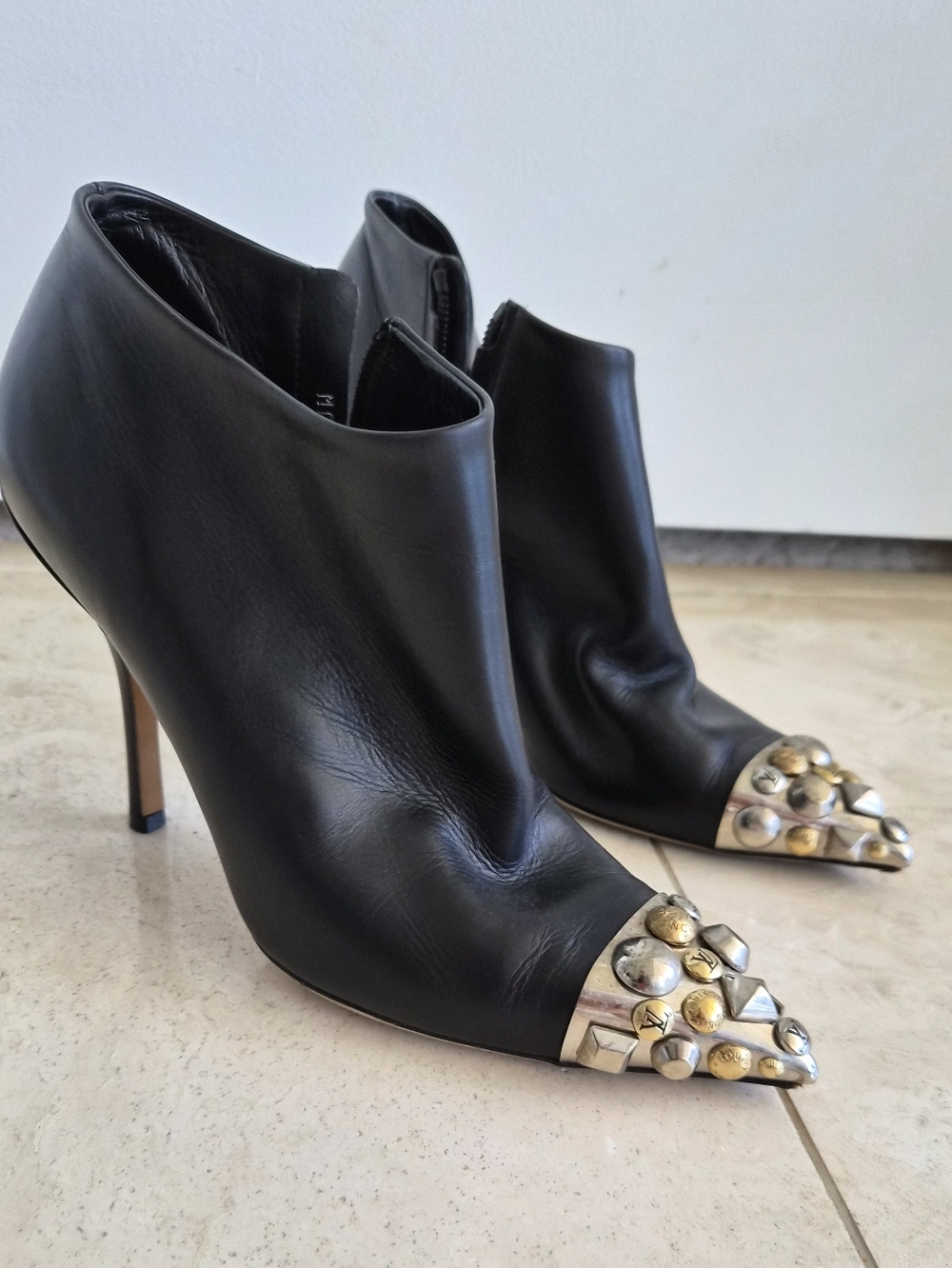 Louis Vuitton Black Leather Studded Cap-Toe Ankle Boots - Size 37